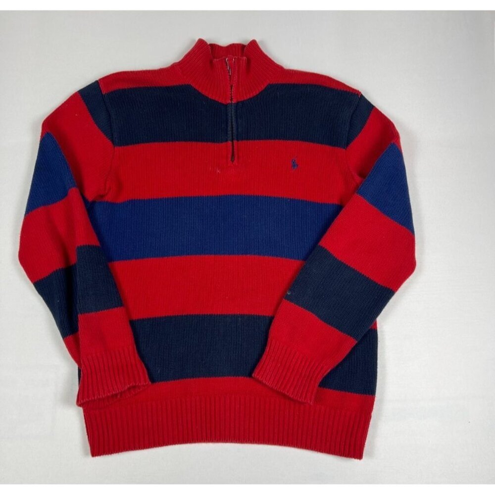 Polo Ralph Lauren Boys Large Red & Blue Striped 1/4 Zip 100% Cotton Sweater